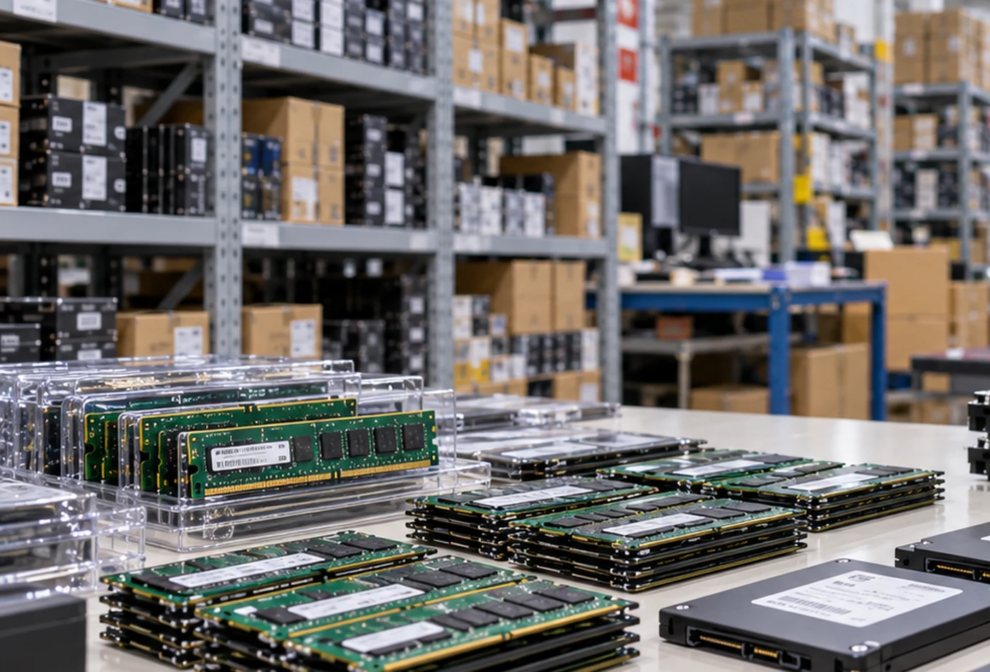 RAM SSD HDD warehouse stock display without people